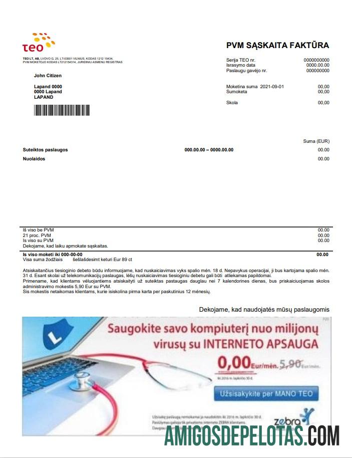 Para baixar modelo de conta de serviços públicos Teo da Lituânia em formato Word e PDF (.doc e .pdf)